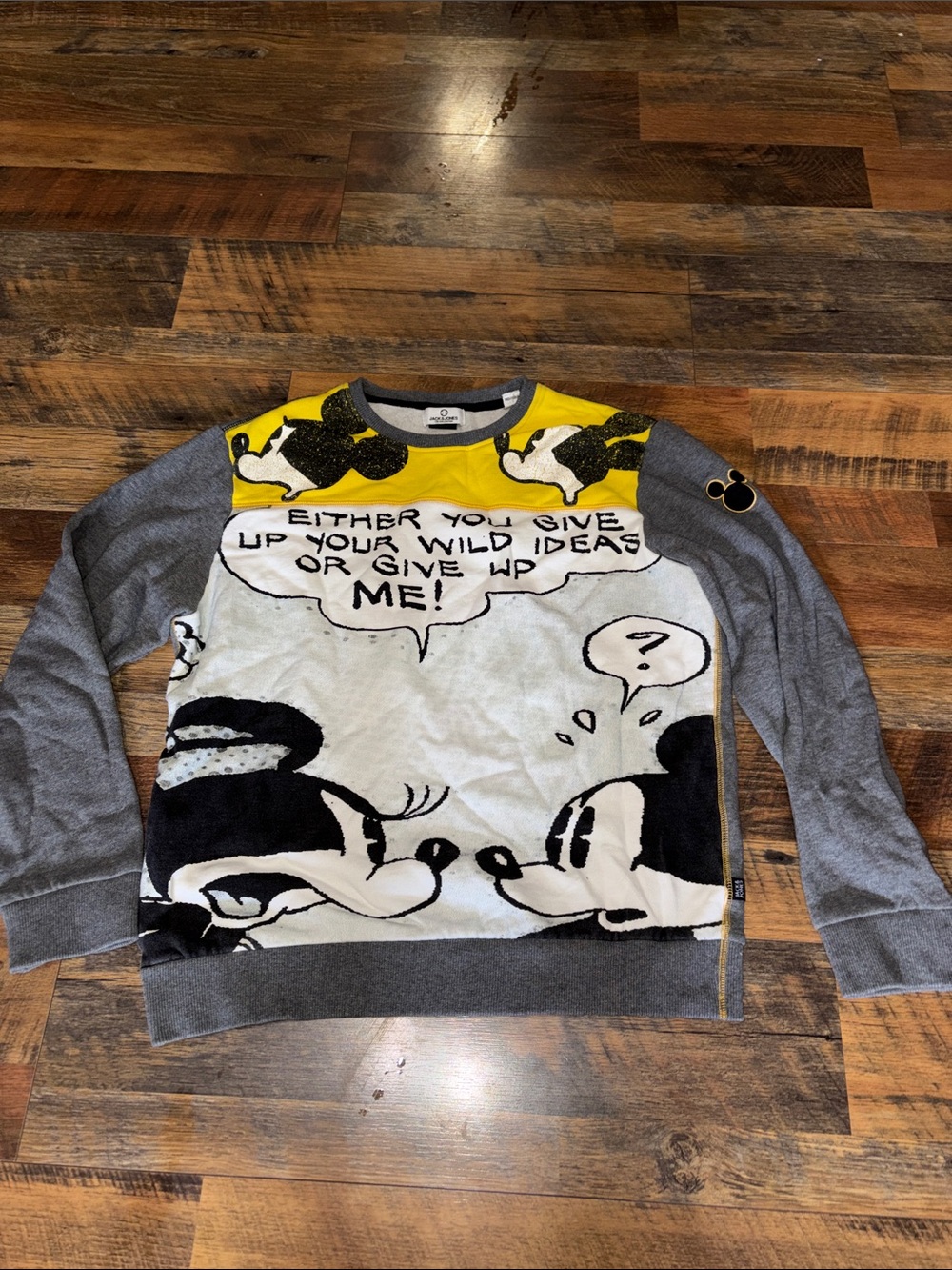 Jack & Jones Gray and Yellow Mickey Graphic Crewneck Sweater